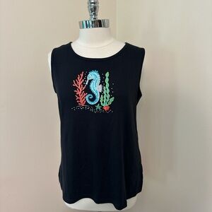 Quacker Factory Mermaid Core Seahorse Black Sleeveless Top Size M-L